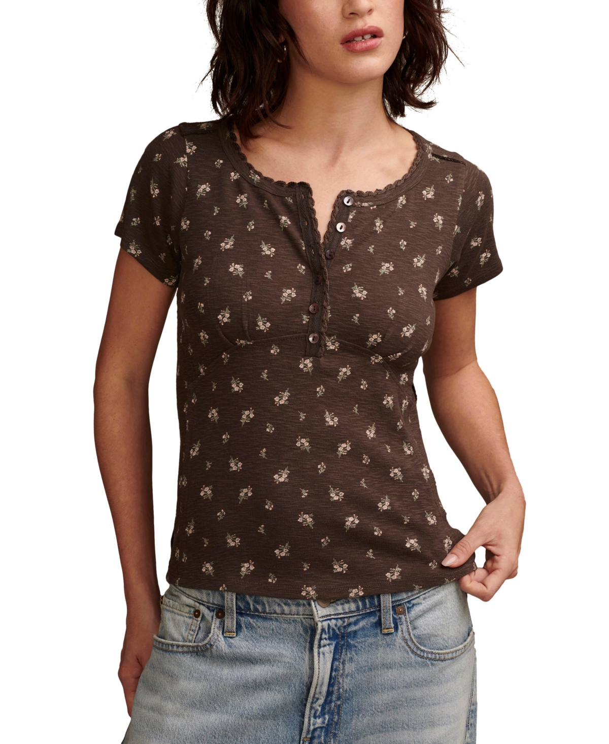 Shop Lucky Brand Women's Crochet-trim Short-sleeve Henley T-shirt In Raven Multi
