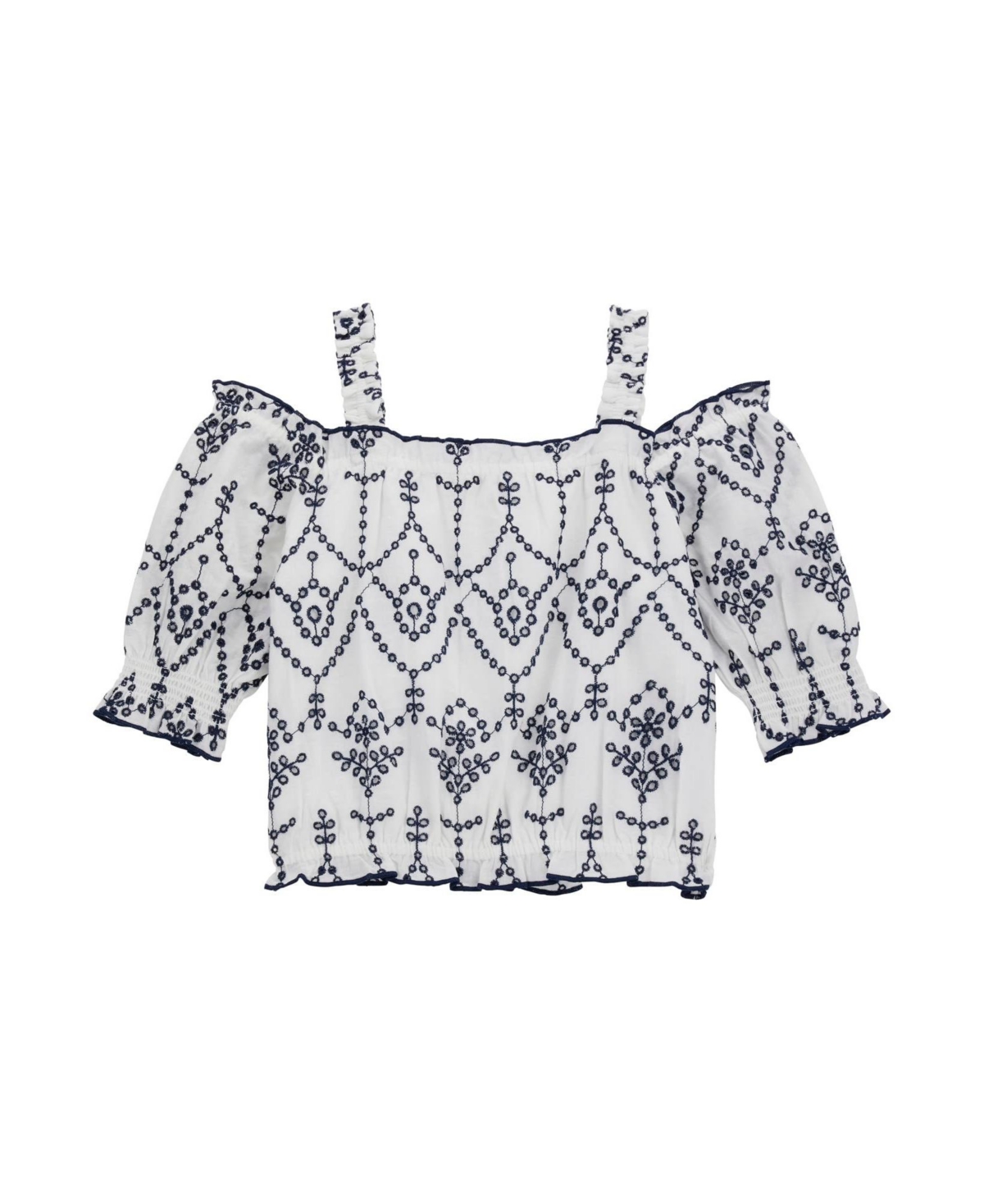 Shop Guess Big Girls Embroidered Off The Shoulder Top In Navy