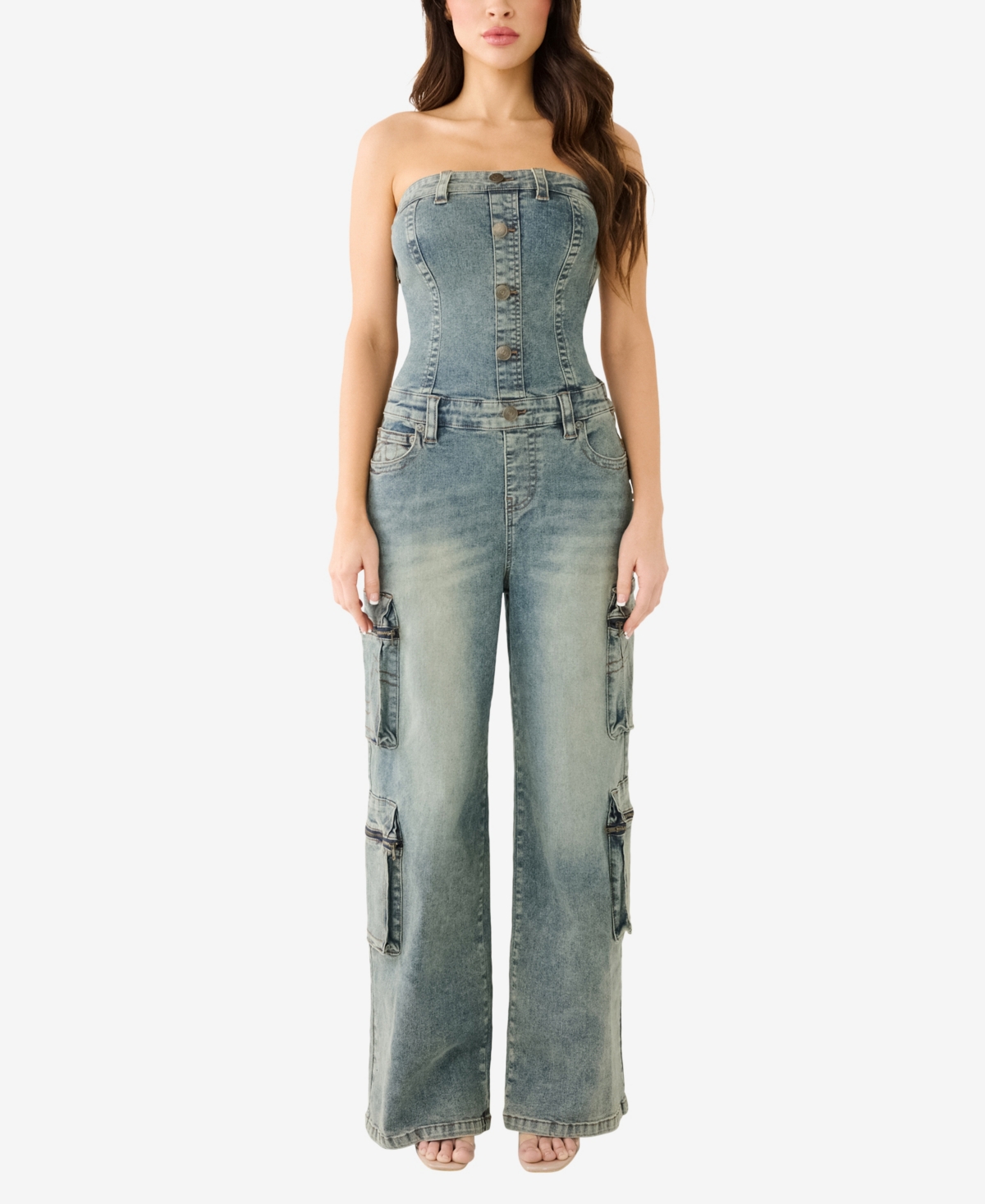 TRUE RELIGION WOMEN'S STRAPLESS DENIM CARGO JUMPSUIT