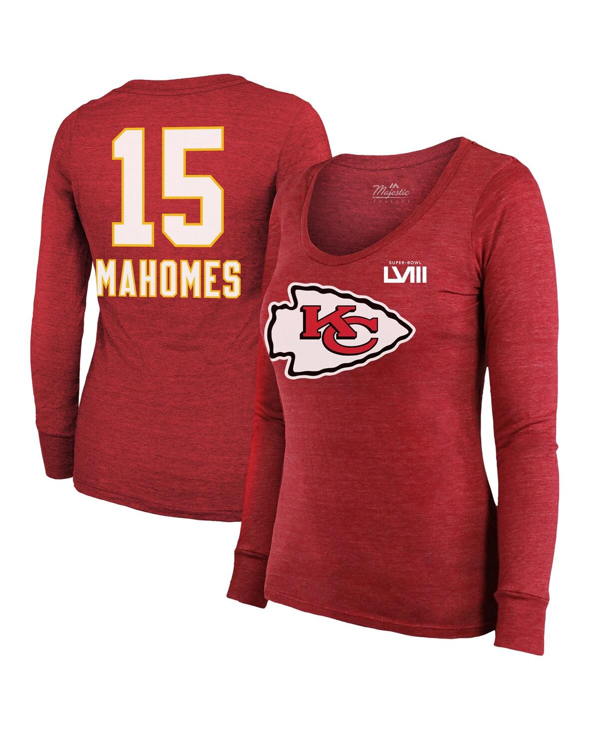Women's Majestic Threads Patrick Mahomes Red Kansas City Chiefs Super Bowl Lviii Scoop Name and Number Tri-Blend Long Sleeve T-shirt - Red
