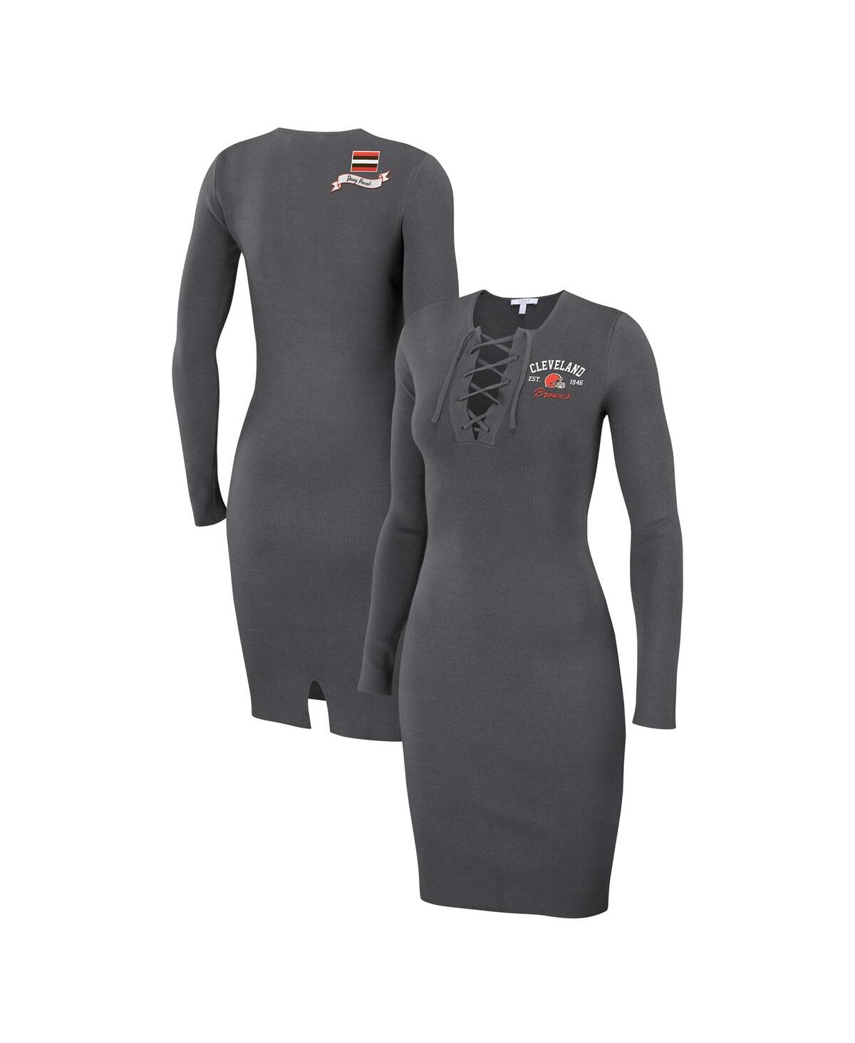 Shop Wear By Erin Andrews Women's  Charcoal Cleveland Browns Lace Up Long Sleeve Dress