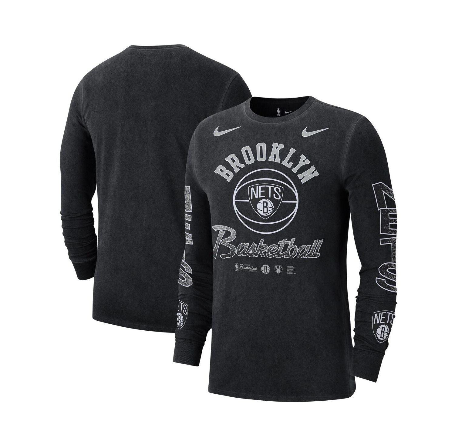 Men's Black Distressed Brooklyn Nets Courtside Retro Elevated Long Sleeve T-shirt