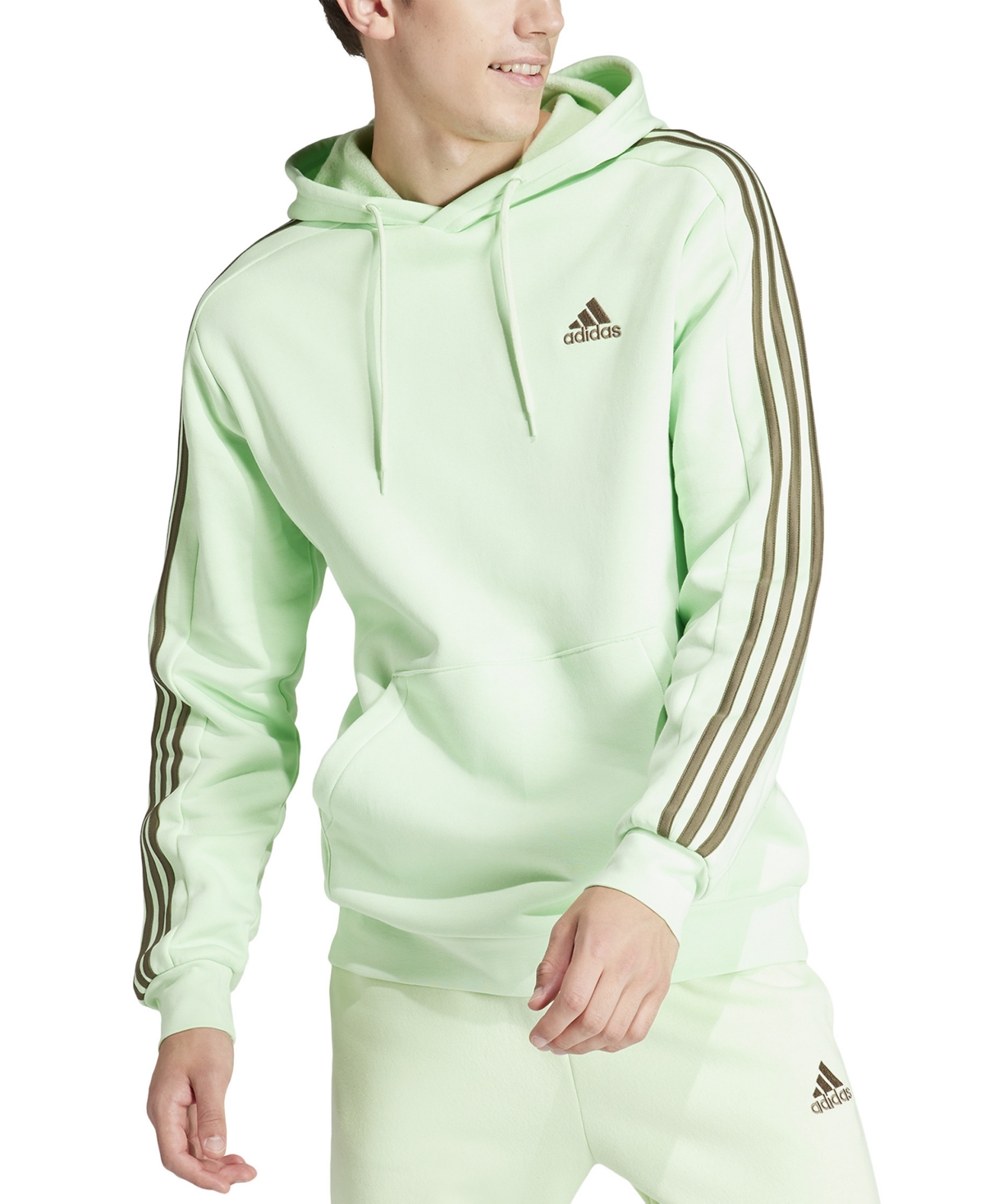 Adidas Originals Men's Essentials 3-stripes Regular-fit Fleece Hoodie, Regular & Big & Tall In Semi Green Spark,olive Strata