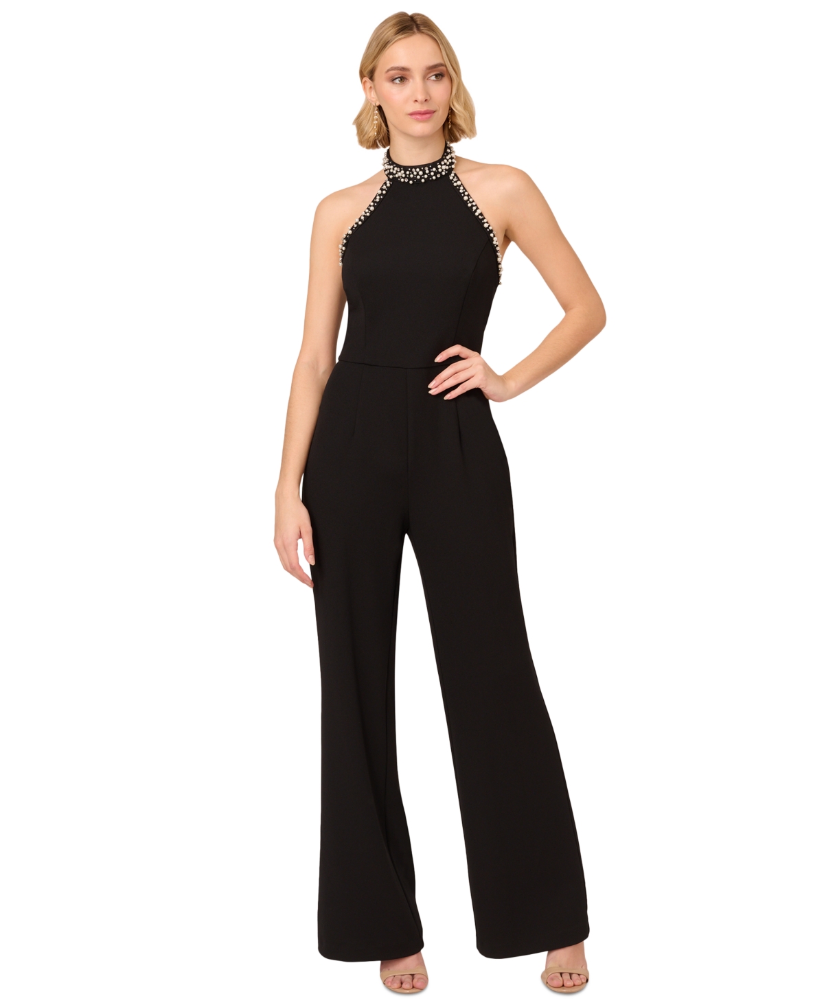 Shop Adrianna Papell Petite Embellished Wide-leg Jumpsuit In Black