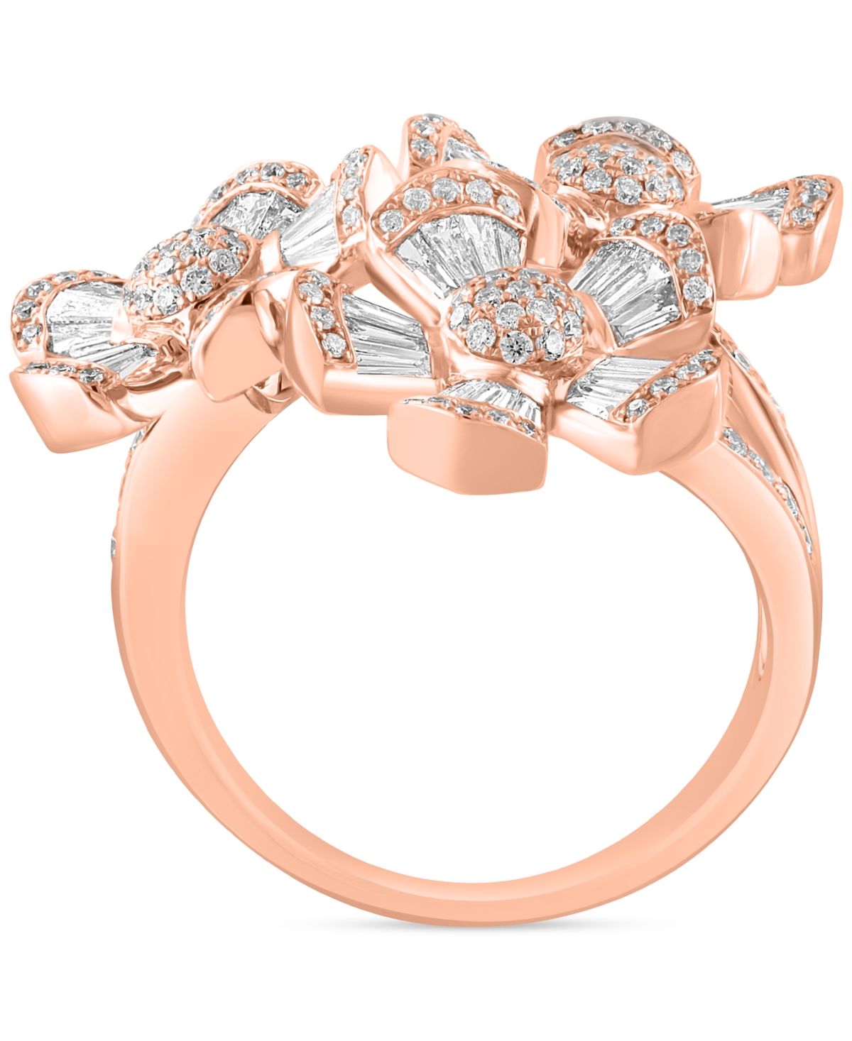 Shop Effy Collection Effy Diamond Round & Baguette Triple Flower Statement Ring (1-3/8 Ct. T.w.) In 14k Rose Gold