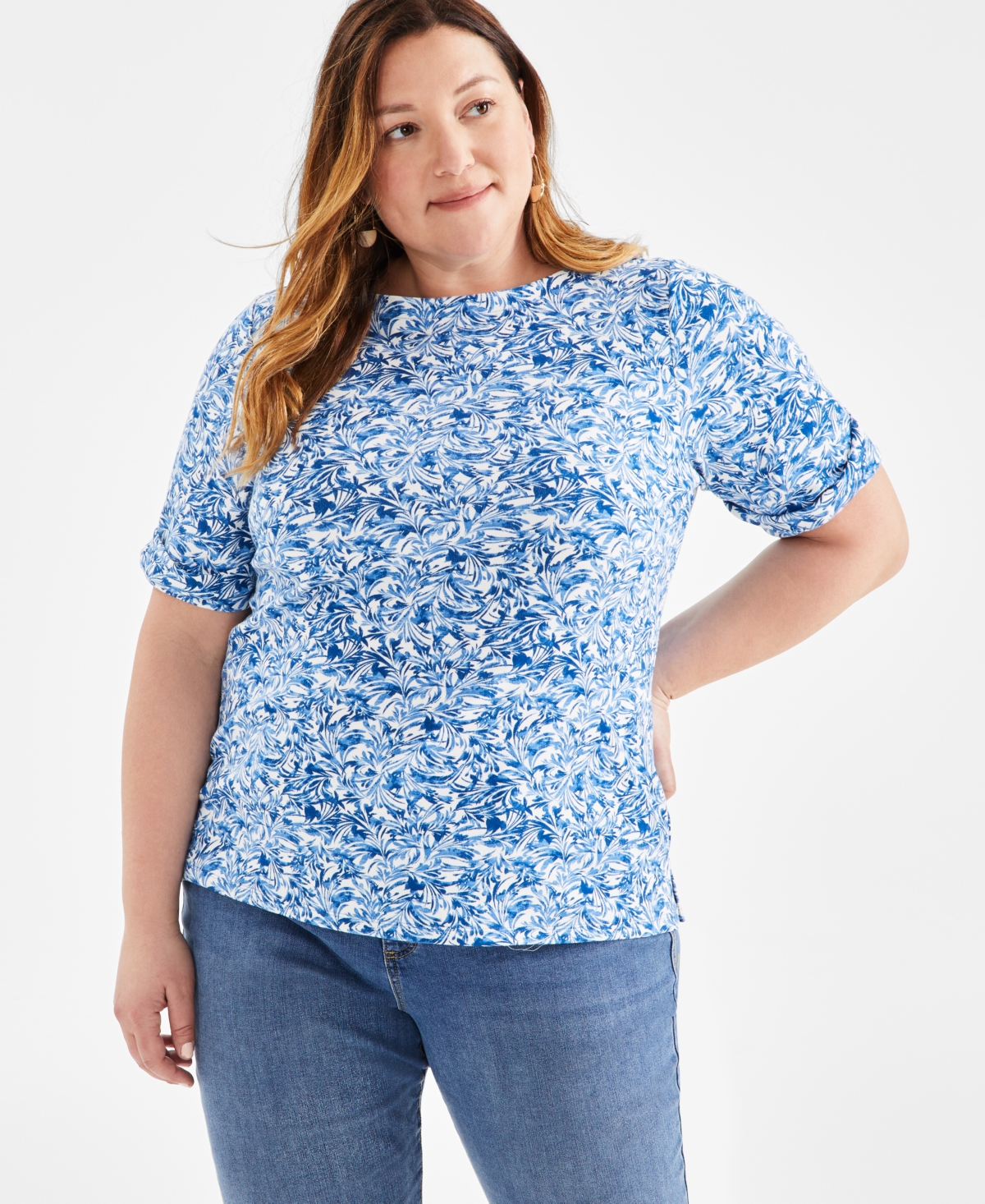 Plus Size Printed Elbow-Sleeve Top, Created for Macy's - Windy Riverside