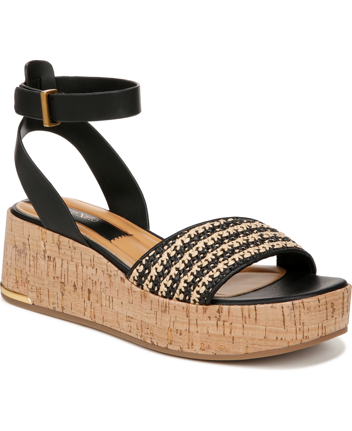 Franco Sarto Women's Terry Ankle Strap Platform Sandals -Black Raffia/Faux Leather
