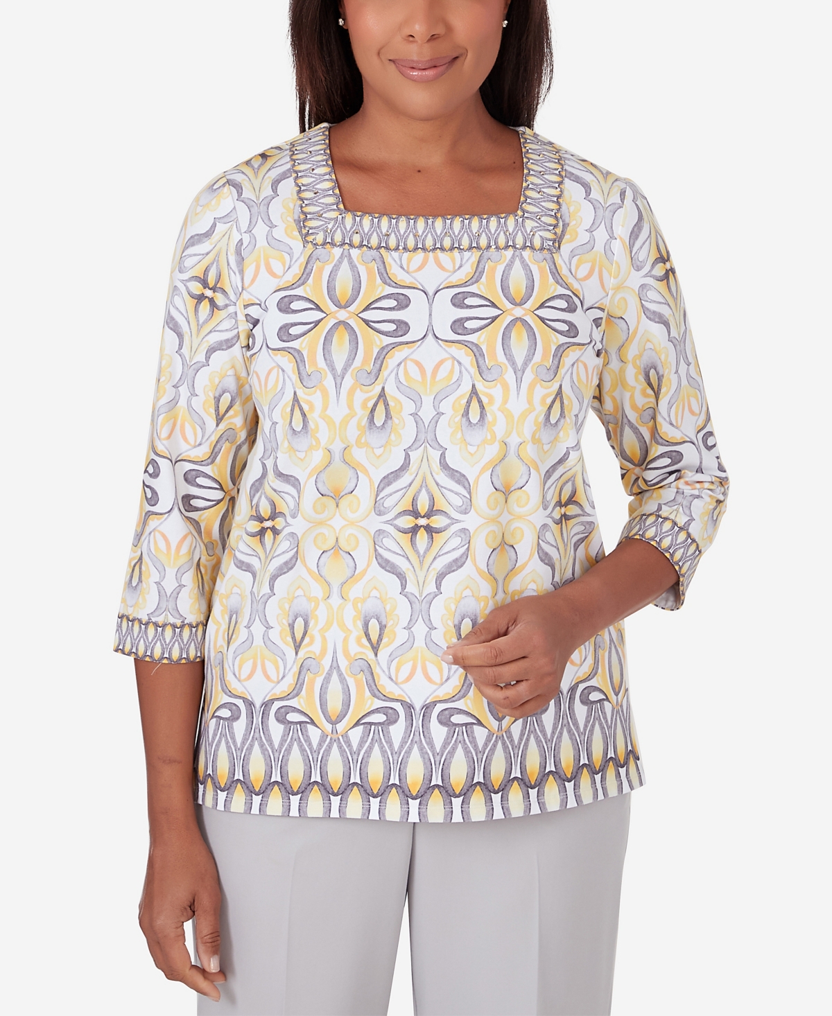 Shop Alfred Dunner Petite Charleston Medallion Border Top With Square Neckline In Multi