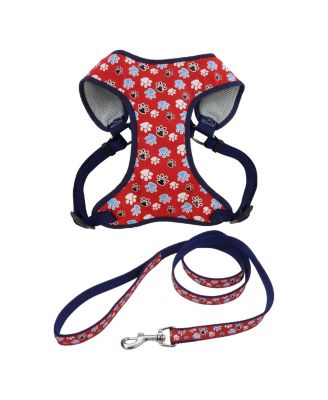 Ribbon Dog Leash Set - Patterned Dog Leash (1" x 6') & Patterned Dog Harness (3/4" x 22"–28") - Red with Paws