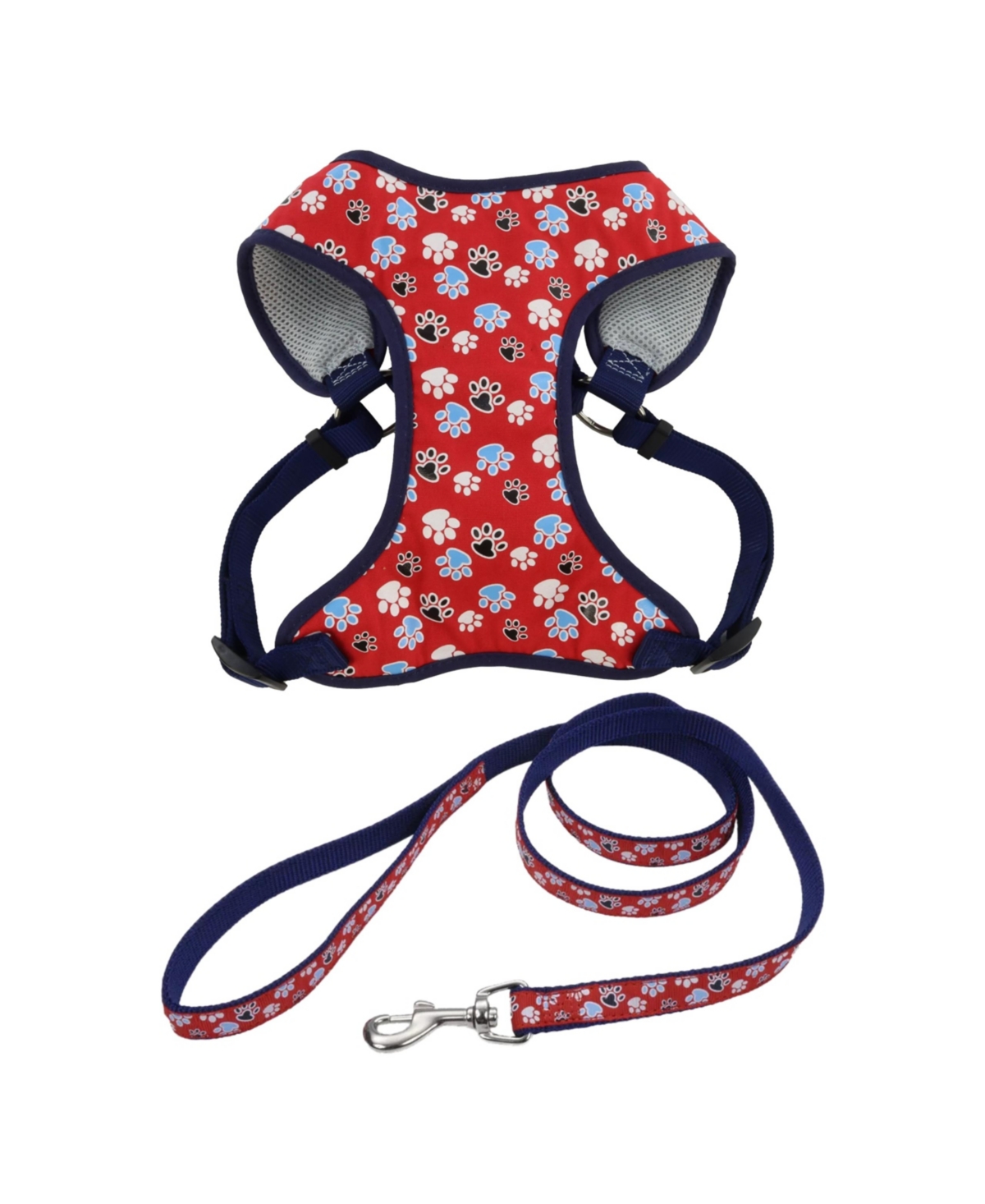 Ribbon Dog Leash Set - Patterned Dog Leash (1" x 6') & Patterned Dog Harness (3/4" x 22"&#x2013;28") - Red with Paws - Red