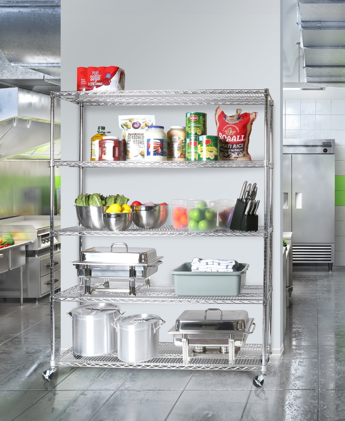 SEVILLE CLASSICS ULTRADURABLE 5-TIER NSF STEEL WIRE SHELVING SYSTEM, 60" W X 18" D X 72"-76" H 