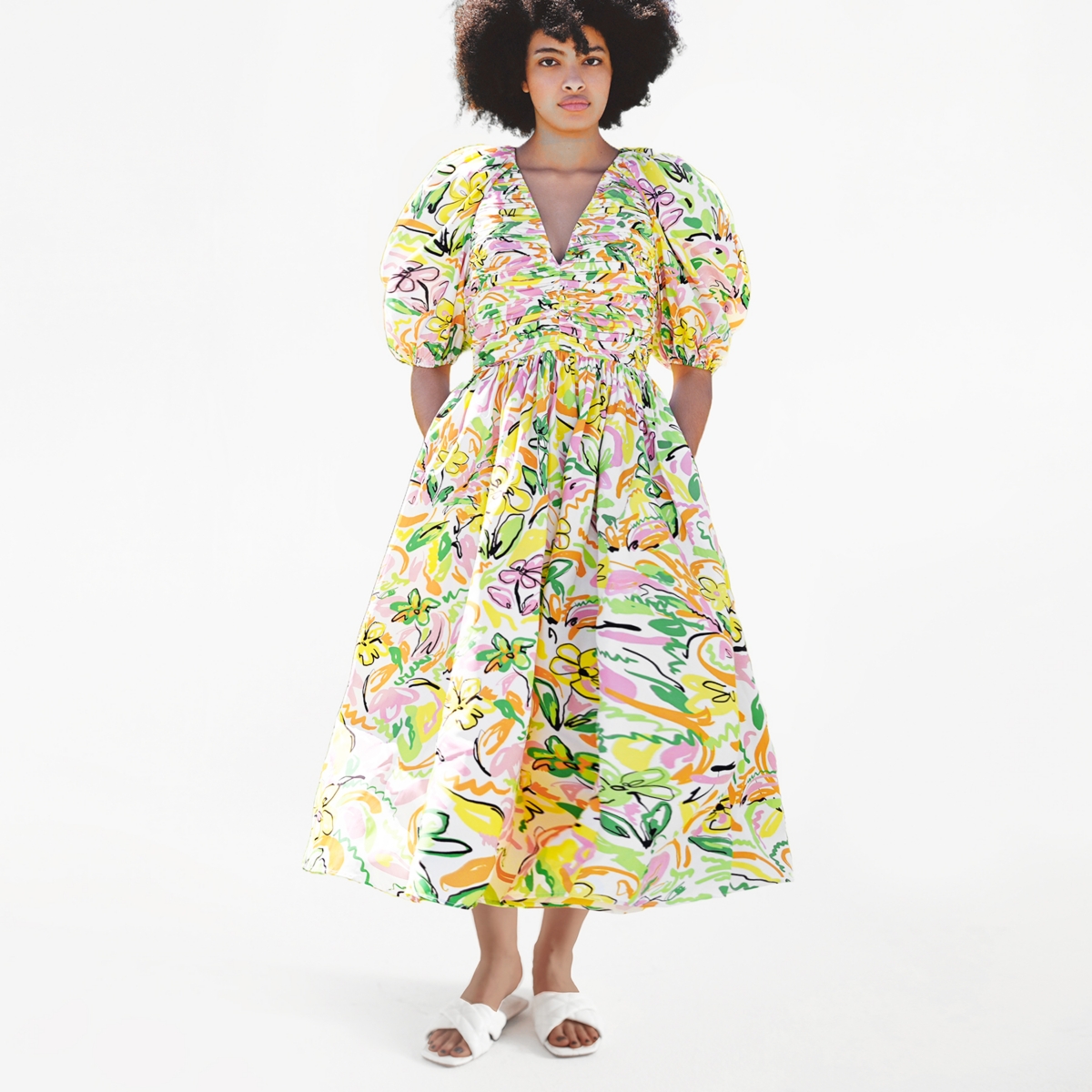 Jessie Zhao New York Wonderland Floral Taffeta Midi Dress - yellow, green, pink