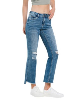 Women's Mid Rise Uneven Hem Ankle Kick Flare Jeans