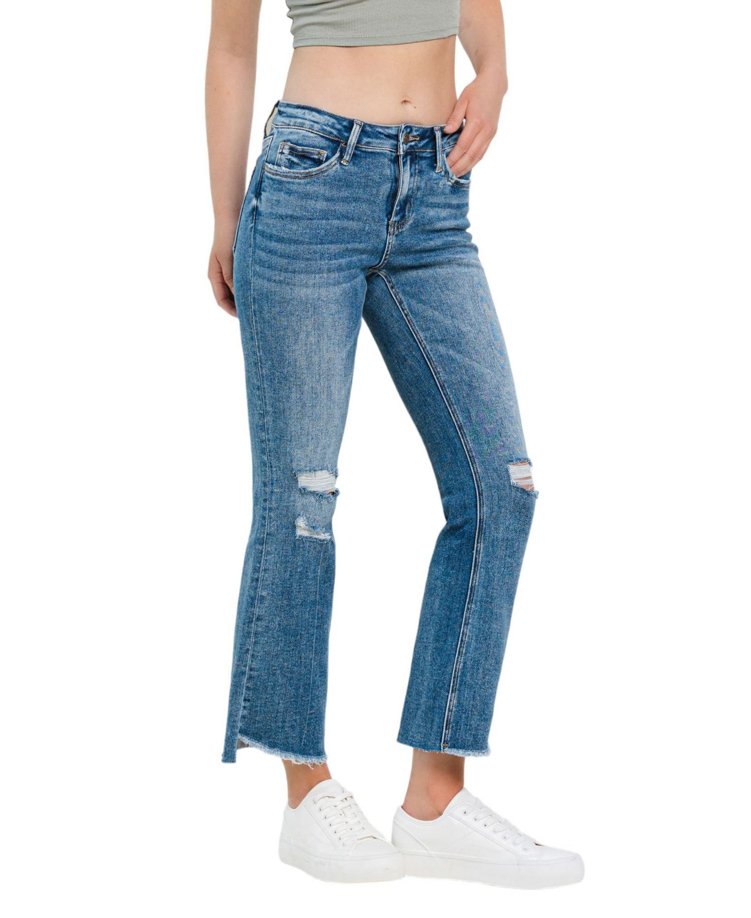 Women's Mid Rise Uneven Hem Ankle Kick Flare Jeans