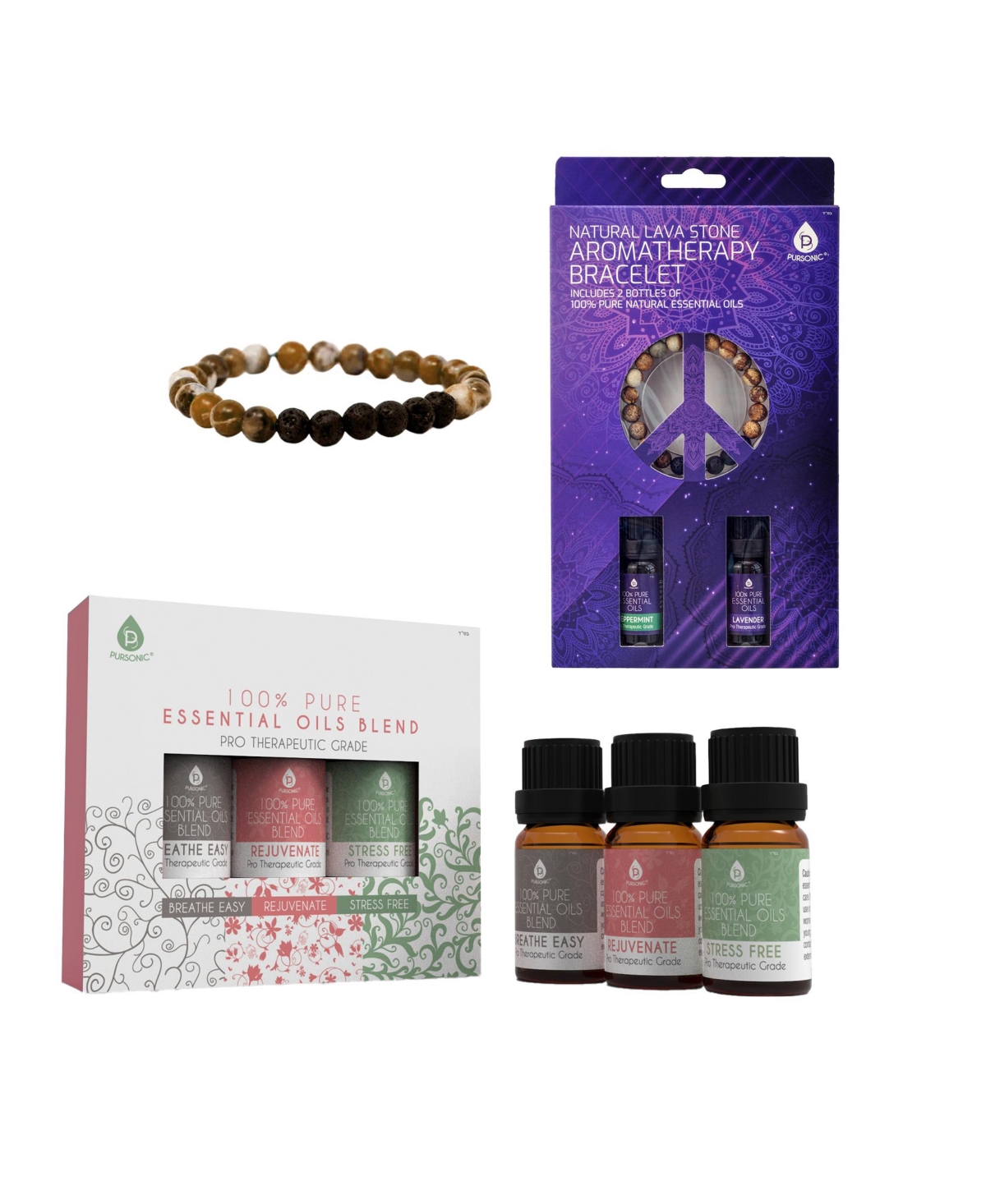 Aromatherapy Bliss Bundle: Lava Stone Bracelet + Pure Essential Oils. - Multicolor
