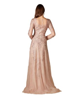 Women's Long Bell Sleeve V-Neck Beaded Gown