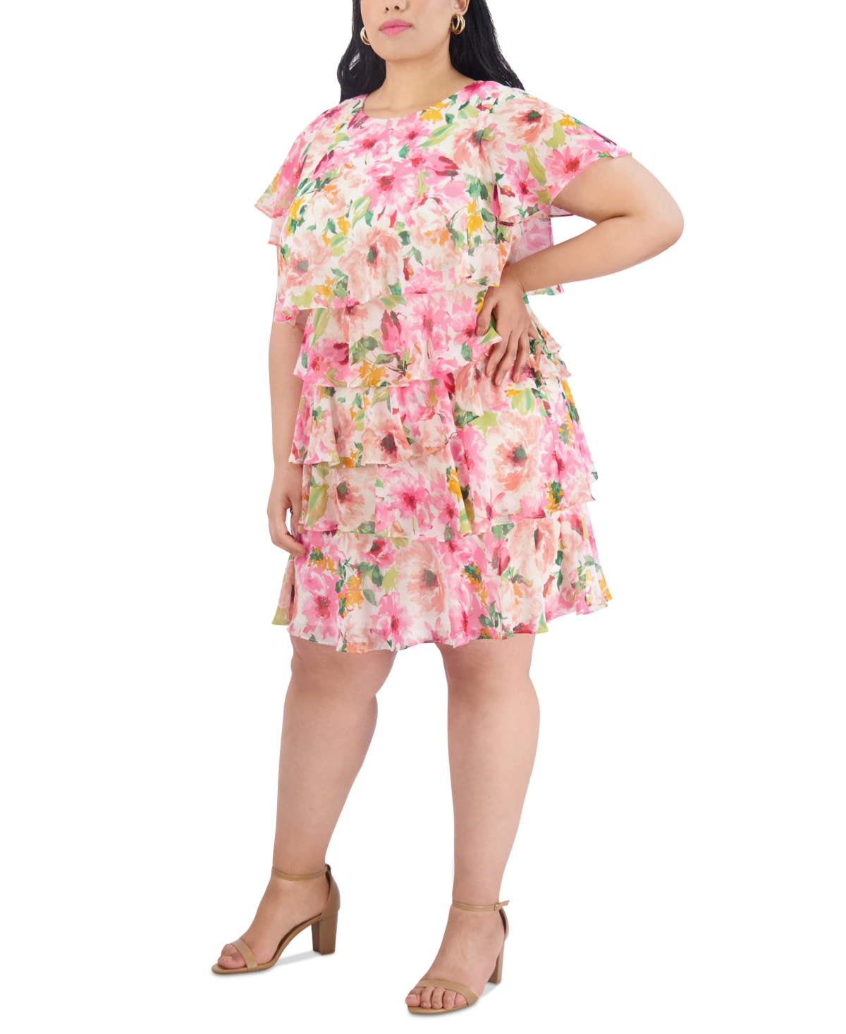 Shop Jessica Howard Plus Size Floral-print Tiered Dress In Ivory Multi
