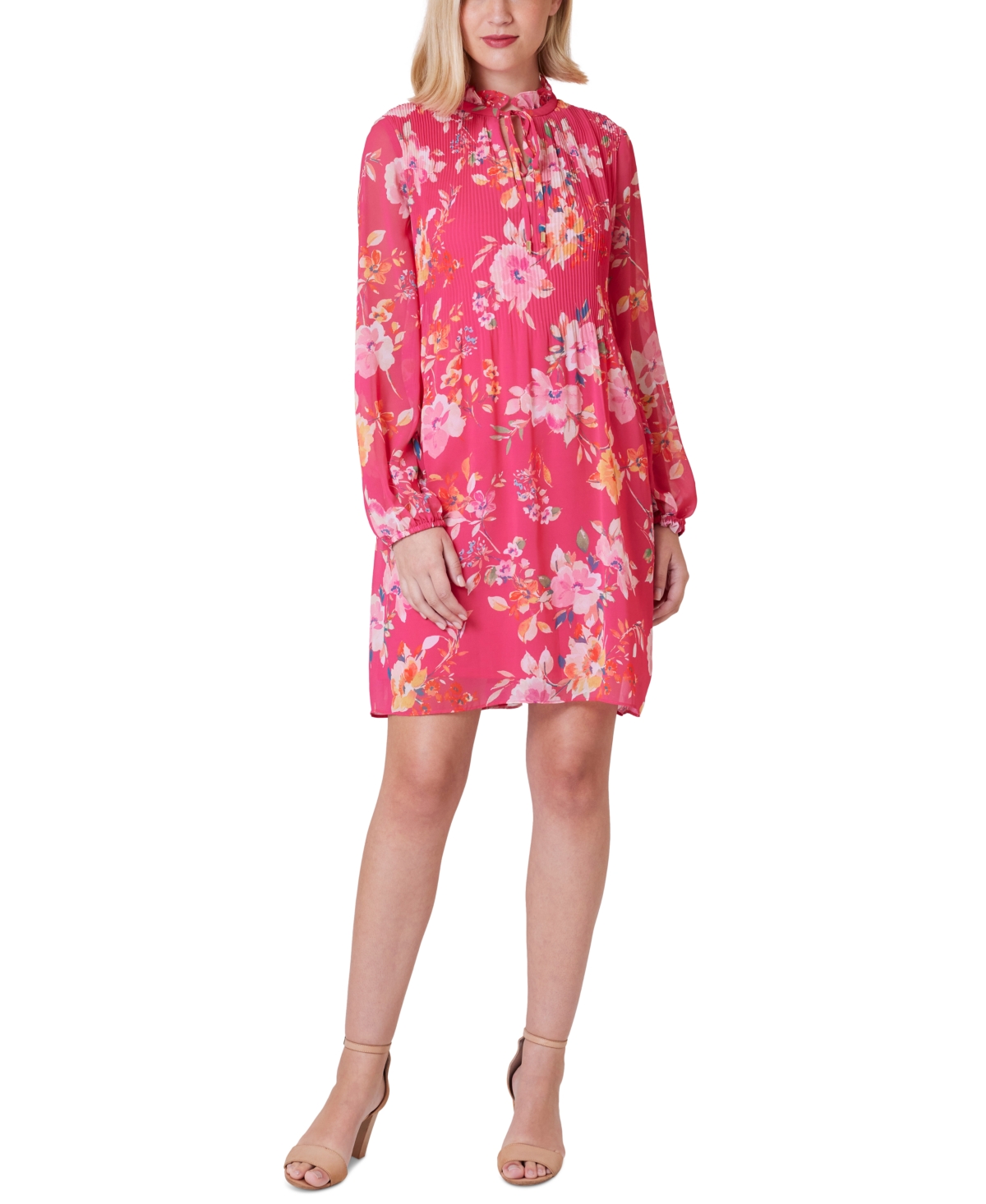 Shop Jessica Howard Petite Floral-print Pleated Dress In Magenta Multi