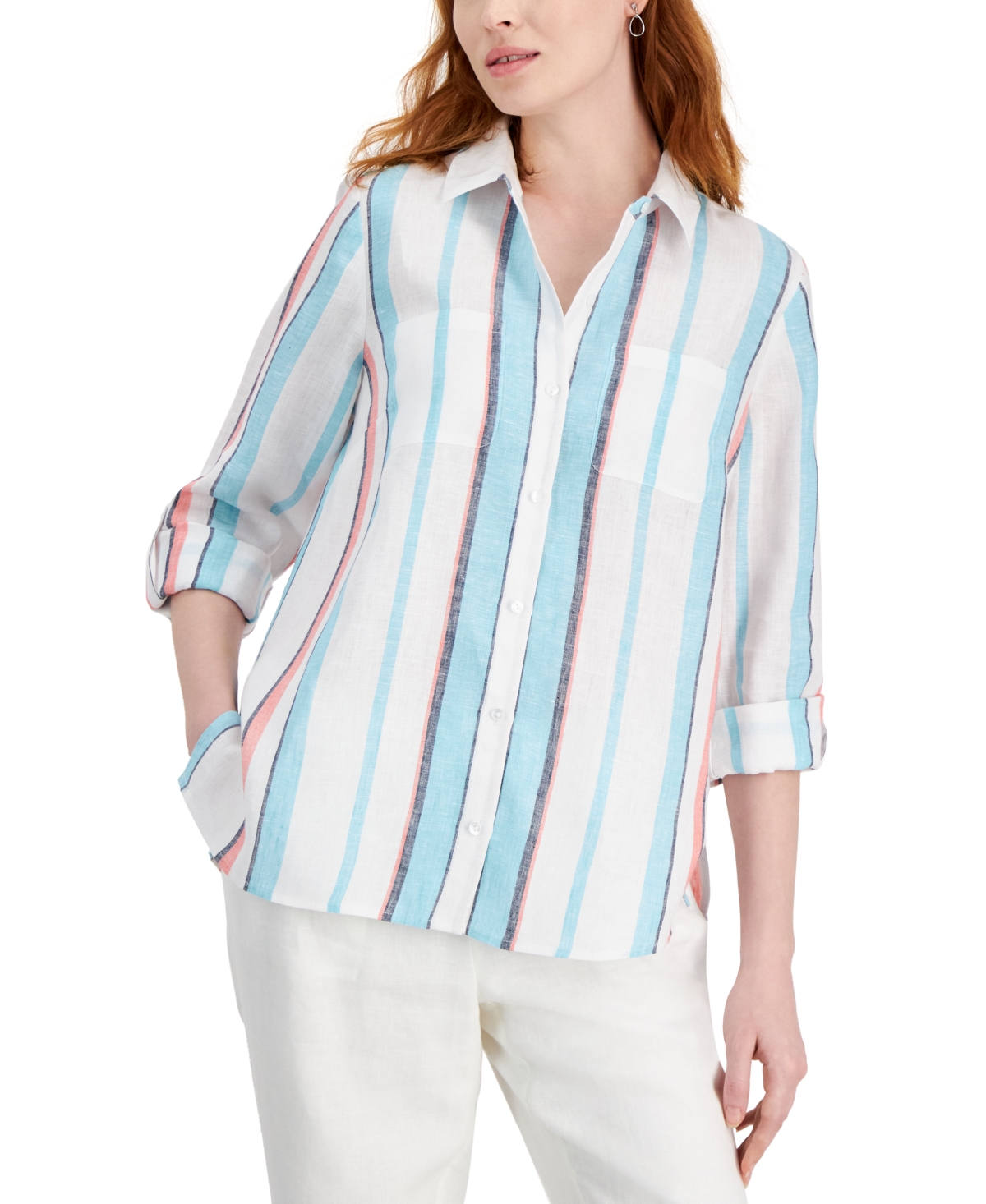 Women's 100% Linen Hampton Stripe Tab-Sleeve Top, Created for Macy's - Bright White Combo