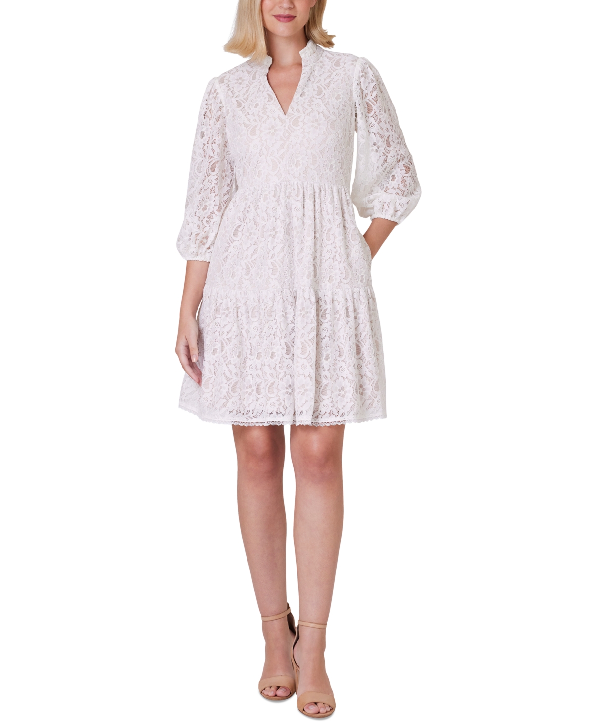 Petite Lace Balloon-Sleeve A-Line Dress - Ivory Beige
