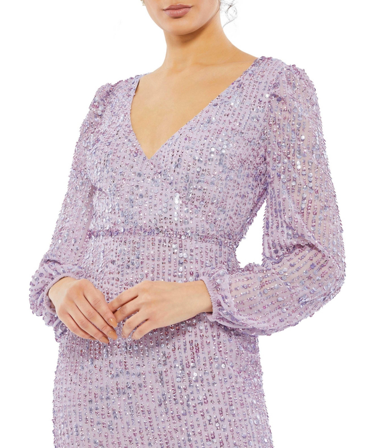 Women's Sequined Illusion Puff Sleeve V Neck Midi Dress