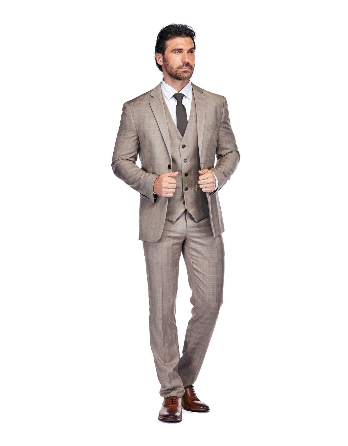Slim Fit 3PC Brown Check Suit - Light brown