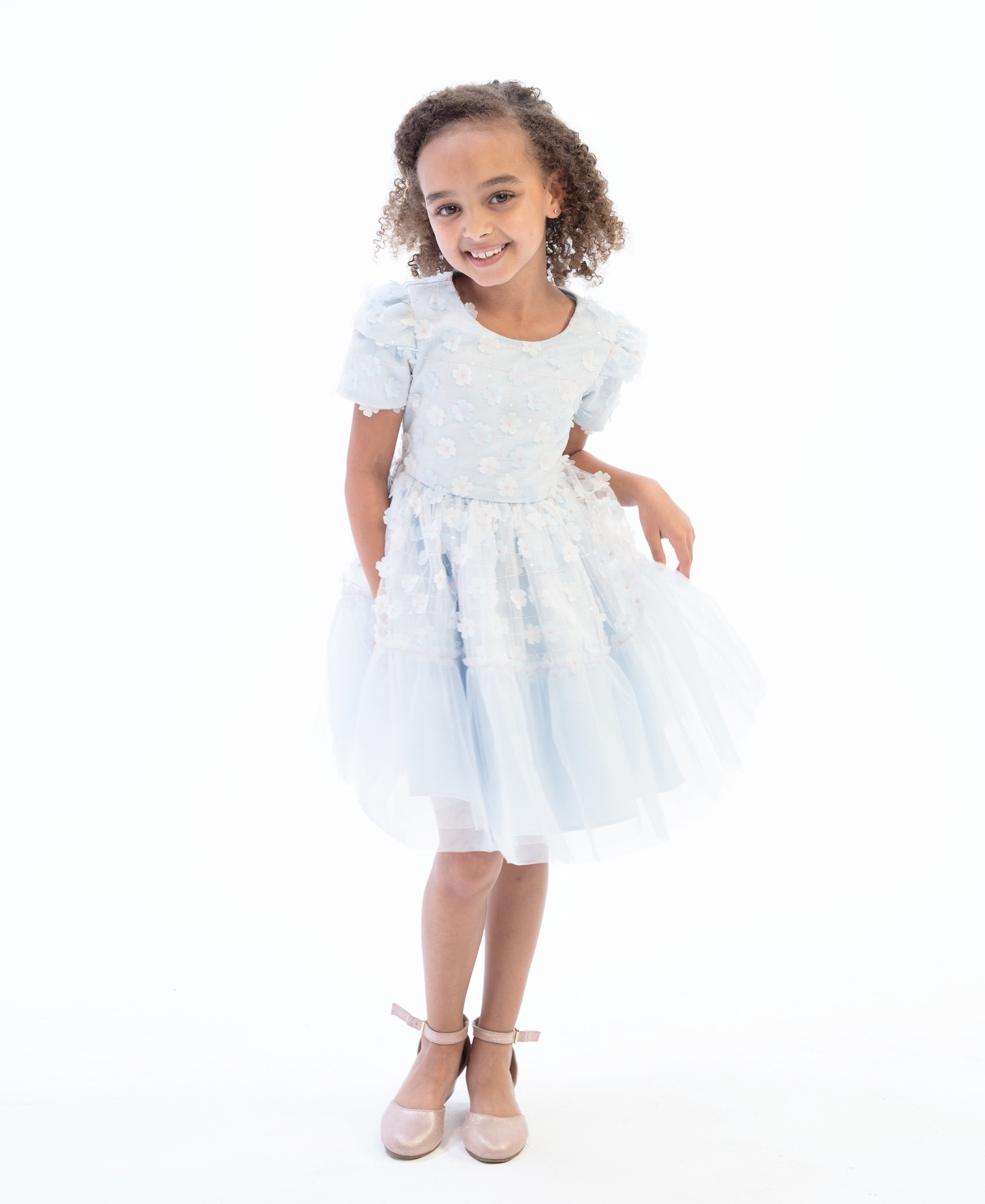 Shop Rare Editions Little Girls Cap Sleeves 3d Floral Mesh Social Dress In Light Blue