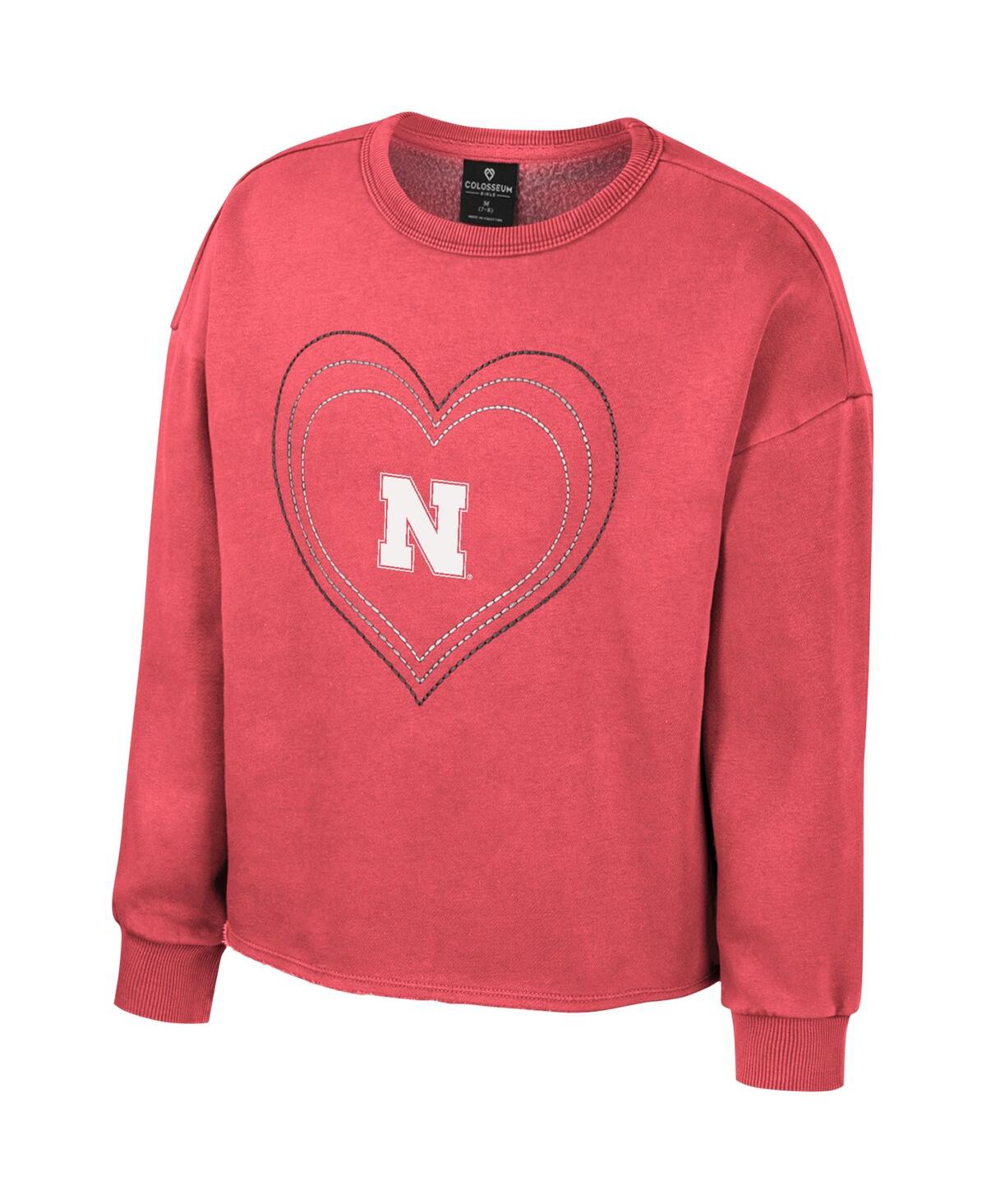 Colosseum Girls Youth  Scarlet Nebraska Huskers Audrey Washed Fleece Pullover Crewneck Sweatshirt In Scarlet