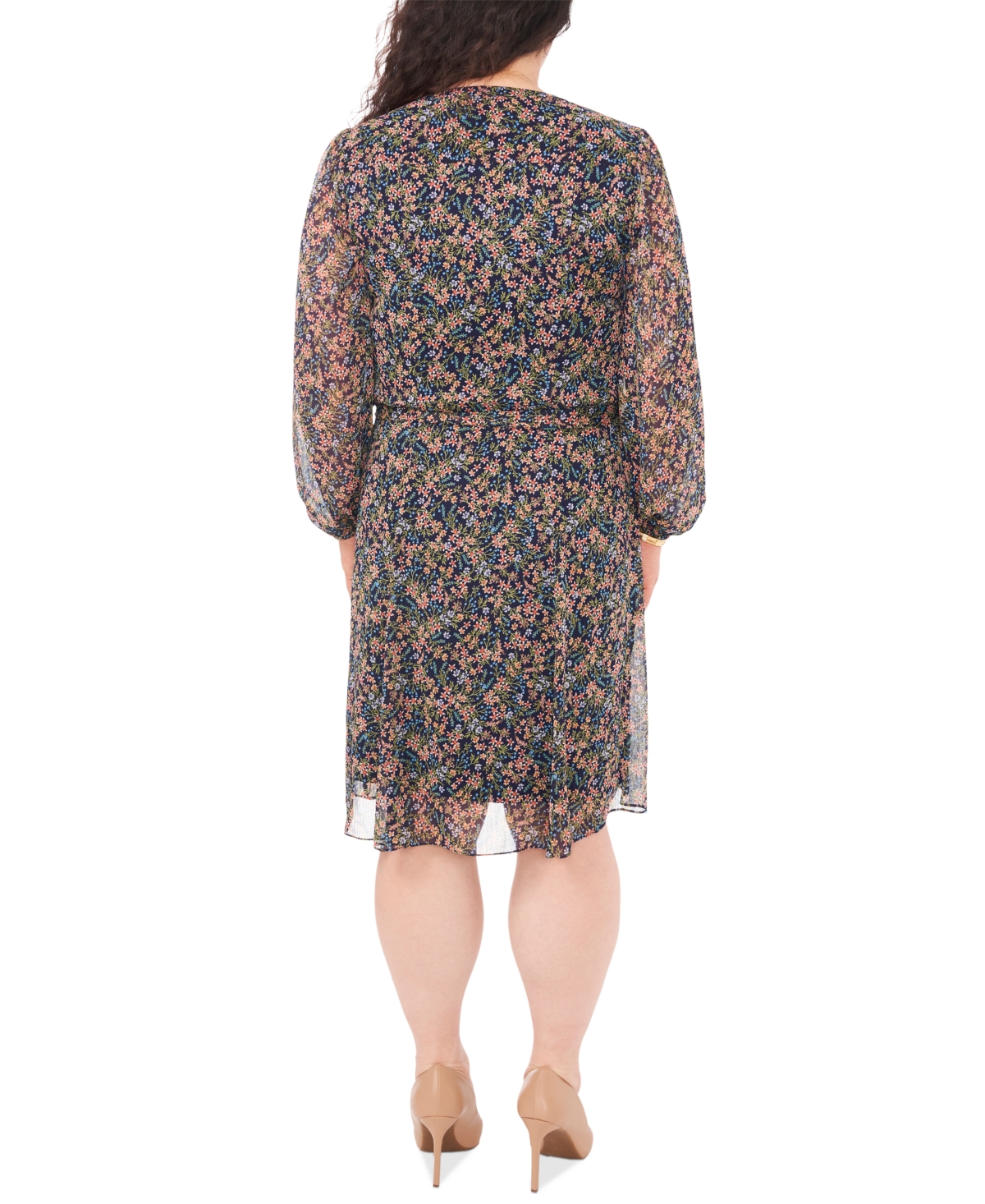 Shop Msk Plus Size Floral-print Chiffon Pintuck Shirtdress In Navy