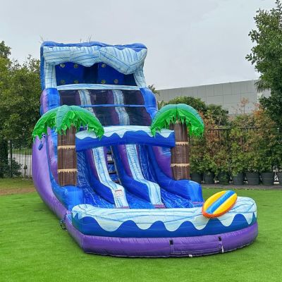 17  Surf Beach Tall Inflatable Water Slide with Splash Pool and Dual Lane, Tall Seating Height, Commercial Grade, Outdoor Backyard, Summer Fun, Wet Dry, Blow Up, Water Park, (with Blower)