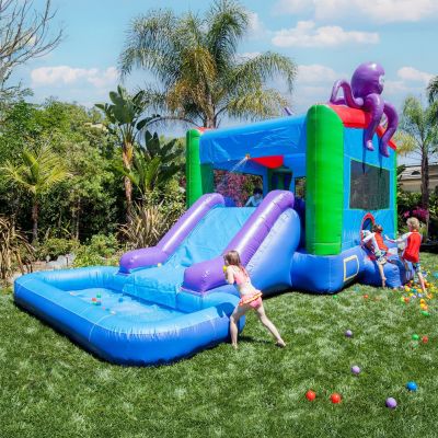 HeroKiddo Octopus Commercial Grade Bounce House Water Slide with Splash Pool for Kids and Adults (with Blower), Wet Dry Combo, Basketball Hoop, Outdoor Indoor, Big Inflatable, Birthday Party Rental