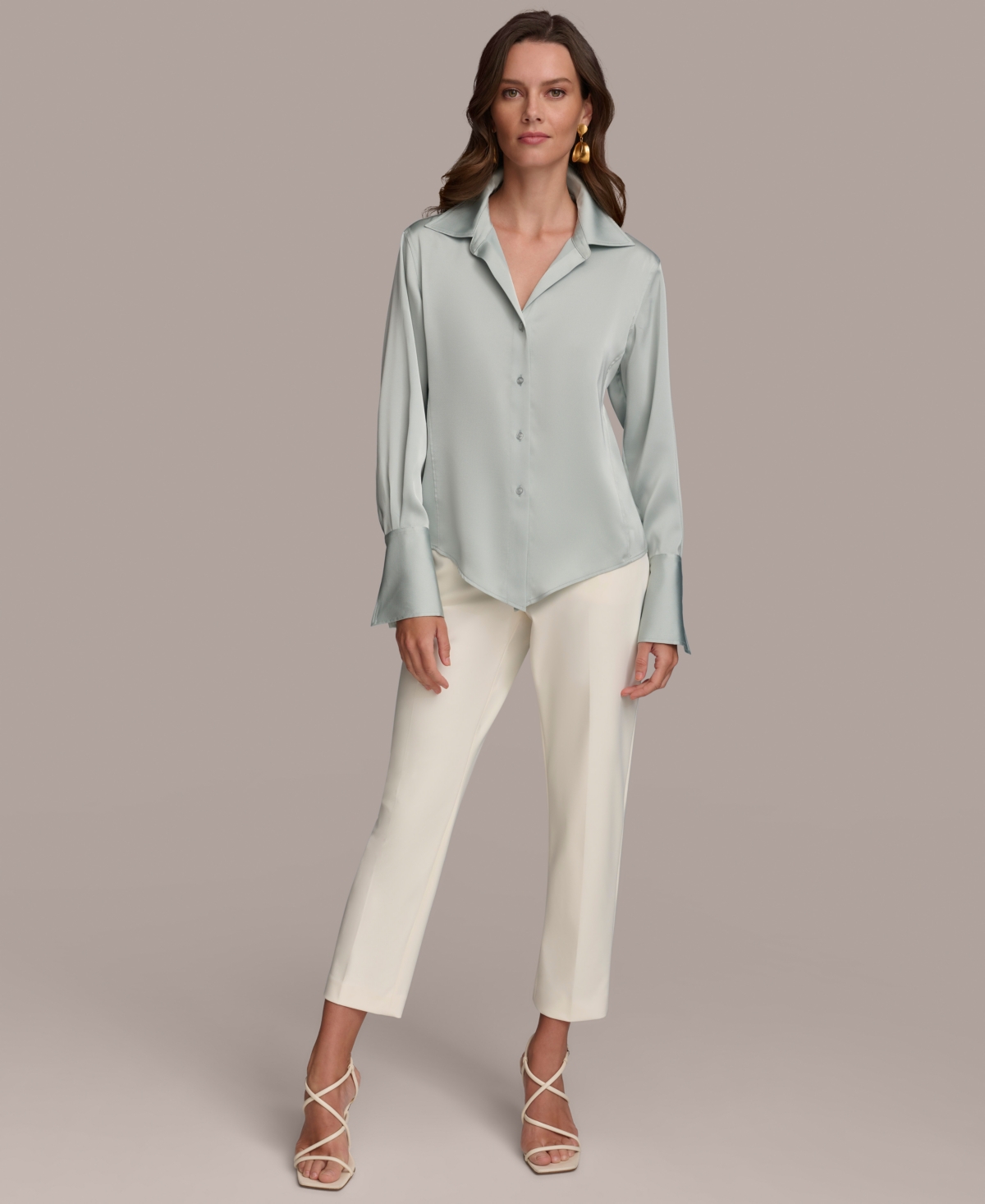 Shop Donna Karan Women's Long-sleeve Satin Button Down Blouse In Blue Frost