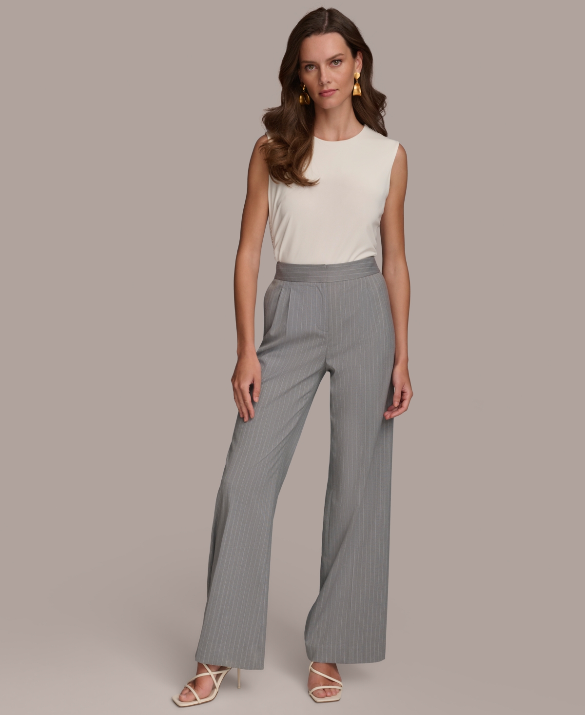 Shop Donna Karan Women's Pinstriped Wide-leg Pants In Light Gray,white