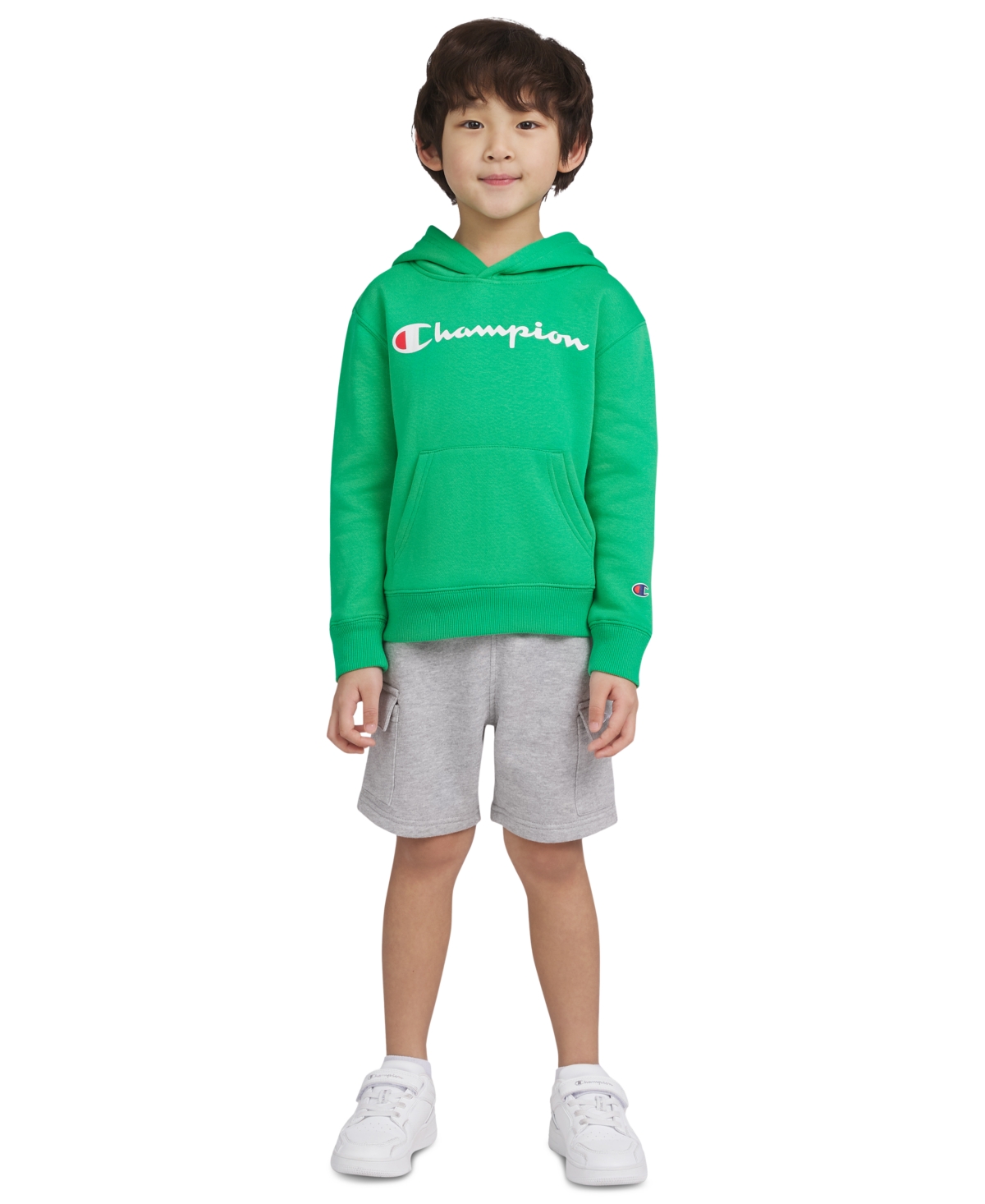 Shop Champion Toddler & Little Boys Fleece Hoodie & Cargo Shorts, 2 Piece Set In Bright Green