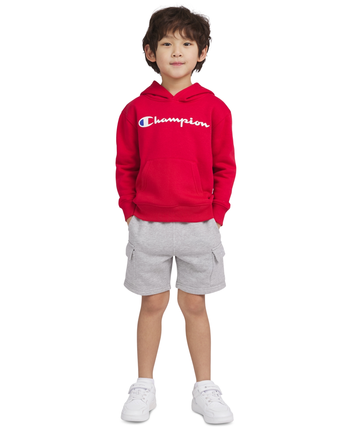 Shop Champion Toddler & Little Boys Fleece Hoodie & Cargo Shorts, 2 Piece Set In Lychee