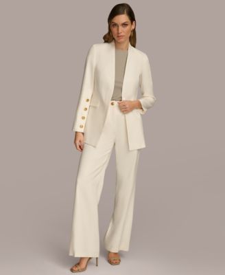 Shop Donna Karan Womens Linen Blend Button Sleeve Blazer Straight Leg Pants In Cream