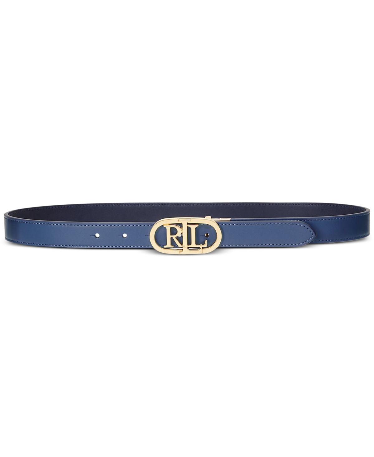 Lauren Ralph Lauren Women's Oval-logo Reversible Leather Skinny Belt In Pale Azure,refined Navy