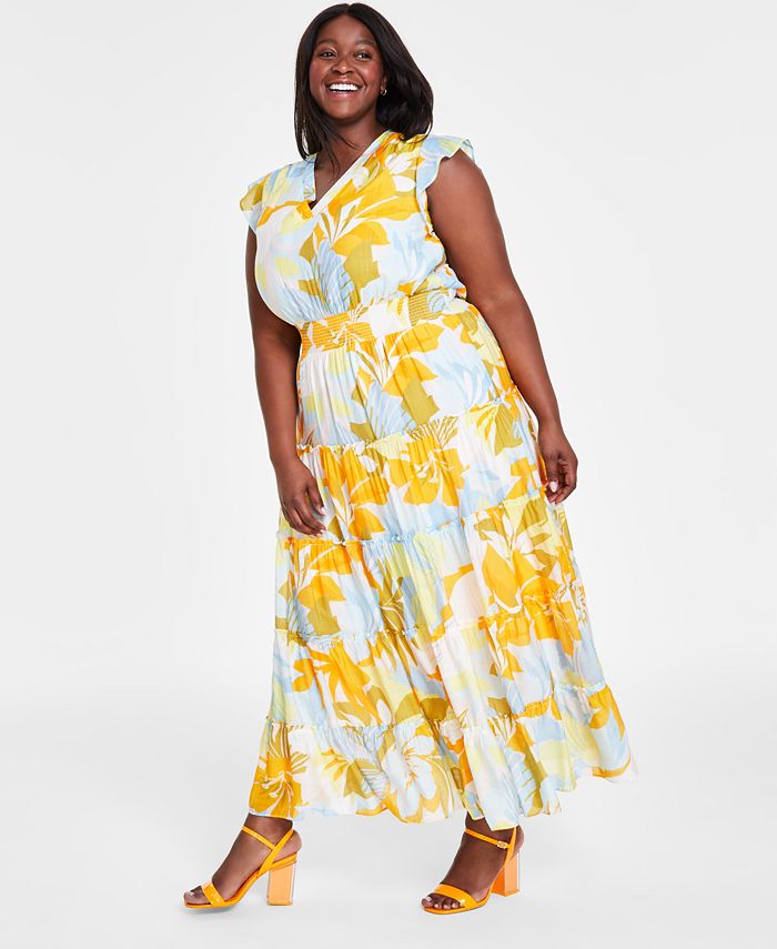 Vince Camuto Plus Size Printed Flutter-Sleeve Tiered Maxi Dress - Macy's