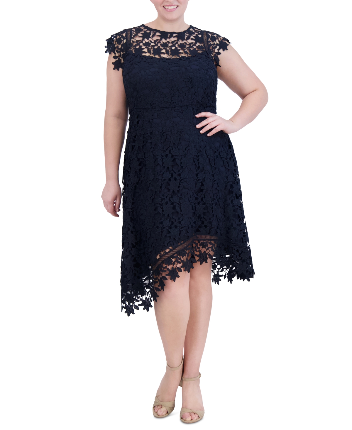 Shop Eliza J Plus Size Floral-lace Boat-neck Fit & Flare Dress In Navy