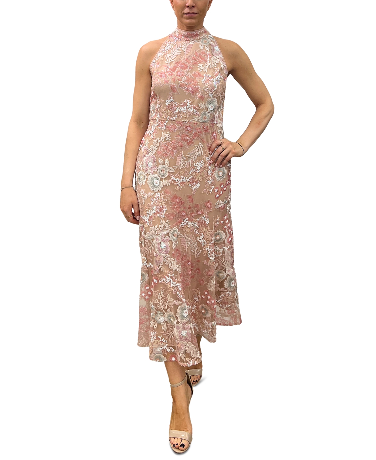Women's Floral Lace Sequin Sleeveless Dress - Blush Mult