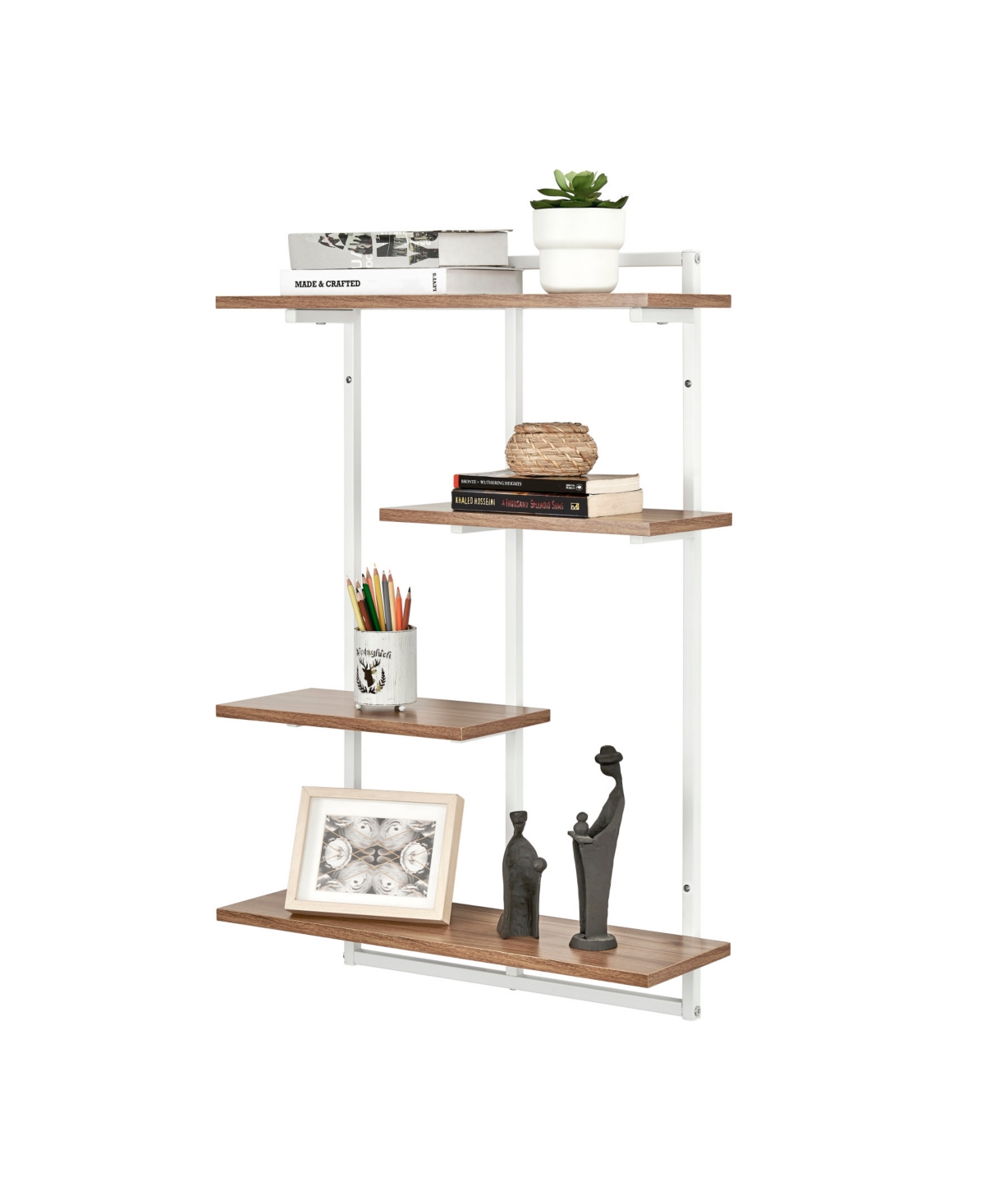 Shop Danya B Rhodes 4 Tier Modern Floating Windowsill Wall Shelf Unit With White Metal Frame And Light Walnut Mdf In White,light Walnut