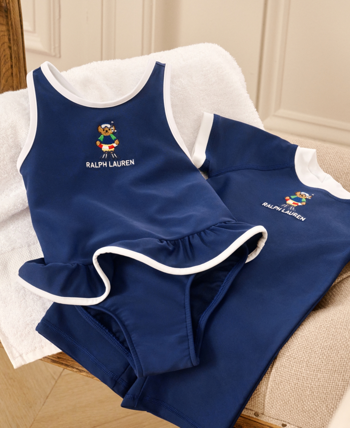 Polo Ralph Lauren Baby Girls Polo Bear Ruffled One Piece Round Neck Swimsuit - Newport Navy with White