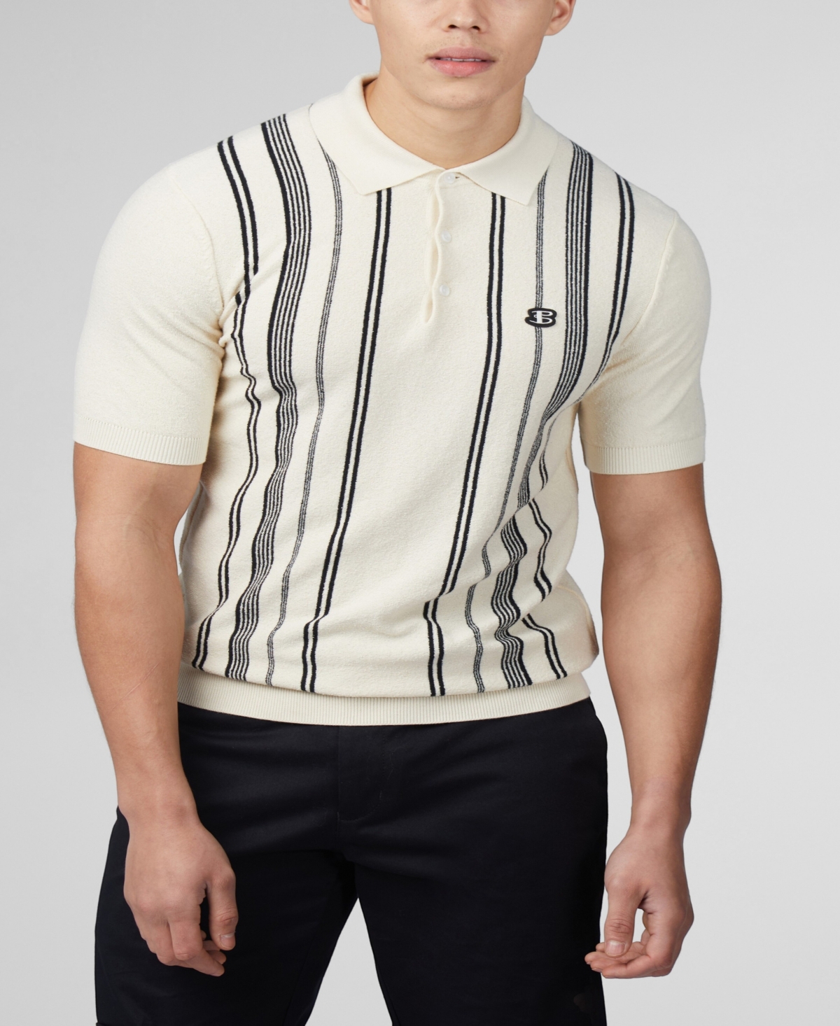 Shop Ben Sherman Men's Crinkle Cotton Stripe Polo Shirt In Ivory