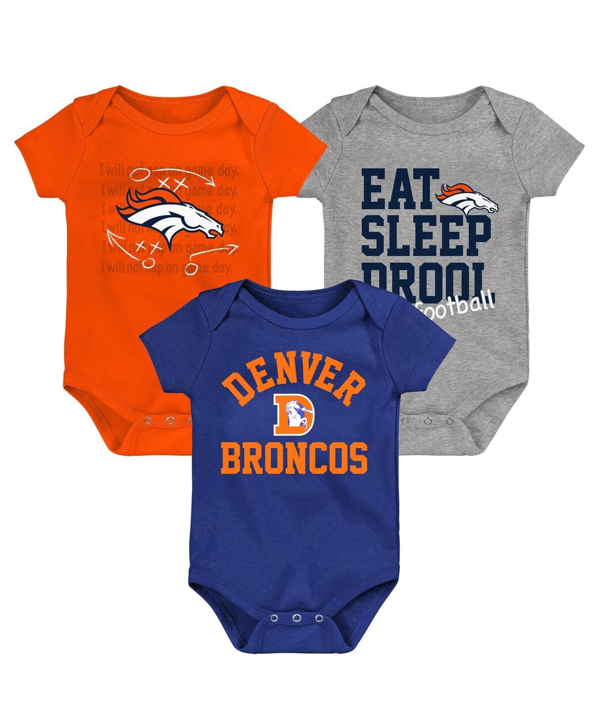 Outerstuff Baby Boys And Girls Orange, Navy, Heather Gray Denver Broncos Three-pack Eat, Sleep And Drool Retro In Orange,navy,heather Gray