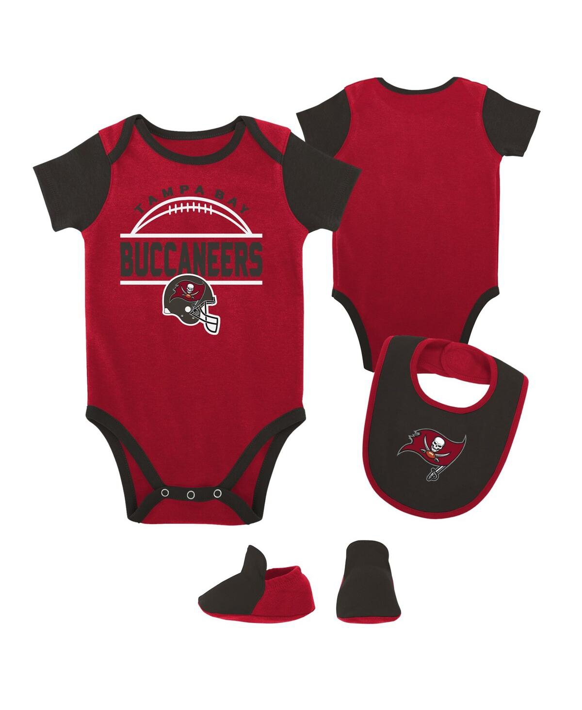 Shop Outerstuff Baby Boys And Girls Red, Pewter Tampa Bay Buccaneers Home Field Advantage Three-piece Bodysuit, Bib  In Red,pewter