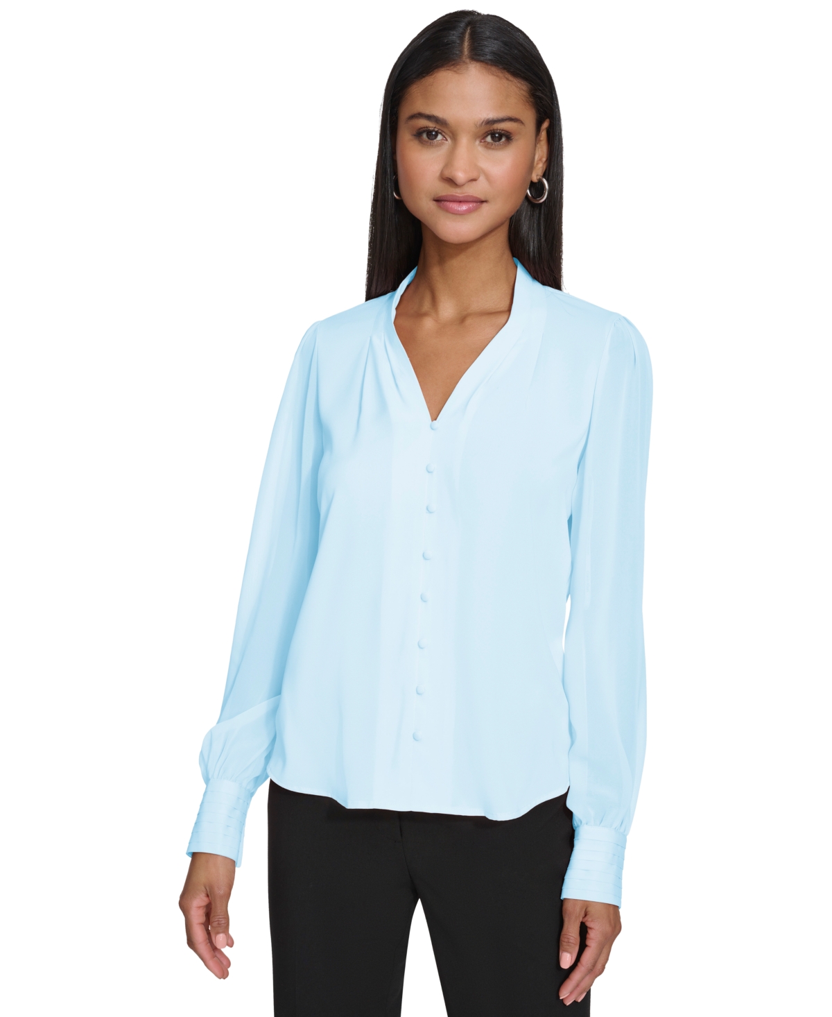 Calvin Klein Women's Pleated-cuff V-neck Blouse In Cool