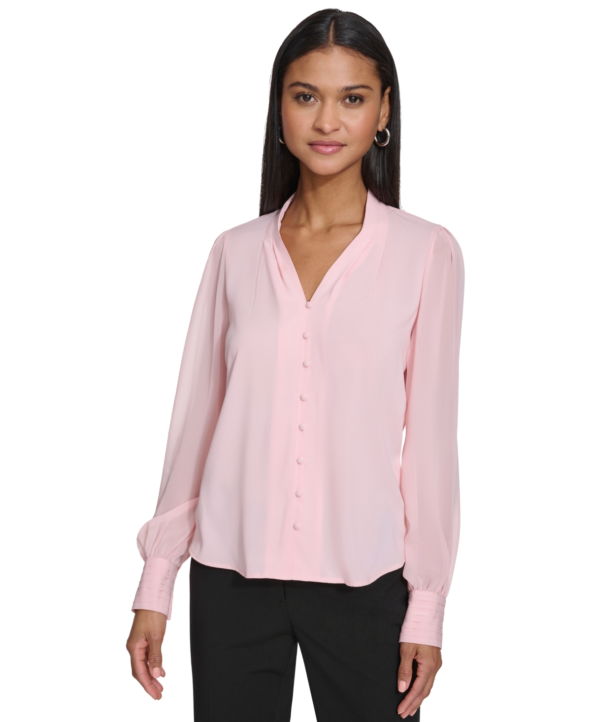 Calvin Klein Women's Pleated-cuff V-neck Blouse In Silver Pink