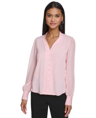 Calvin Klein Women's Pleated-Cuff V-Neck Blouse - Macy's