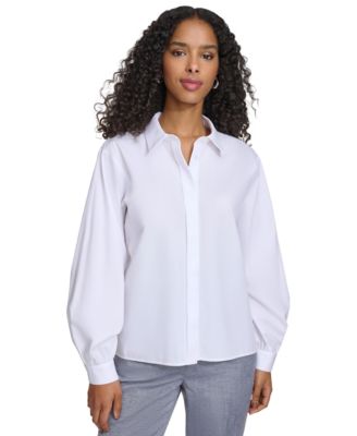 Calvin Klein - Women's Long-Sleeve Button-Down Covered-Placket Cotton Top