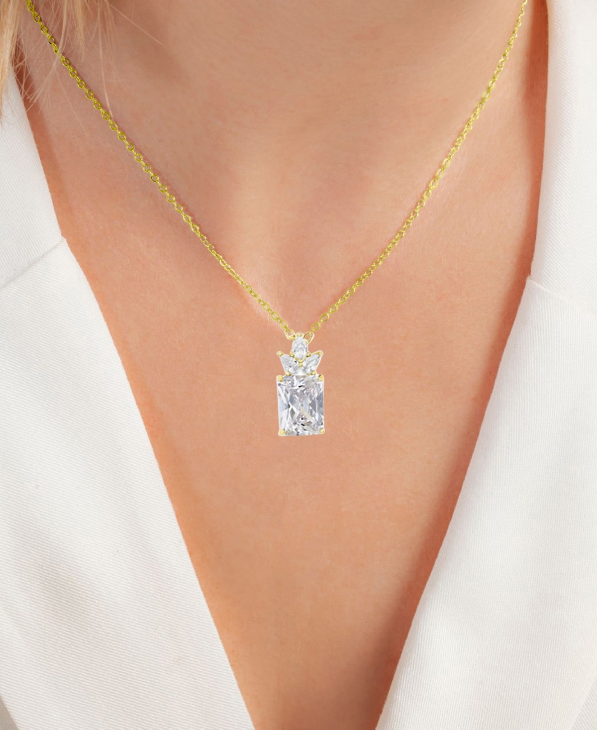MACY'S CUBIC ZIRCONIA PRINCESS & PEAR 18" PENDANT NECKLACE IN 14K GOLD-PLATED STERLING SILVER 